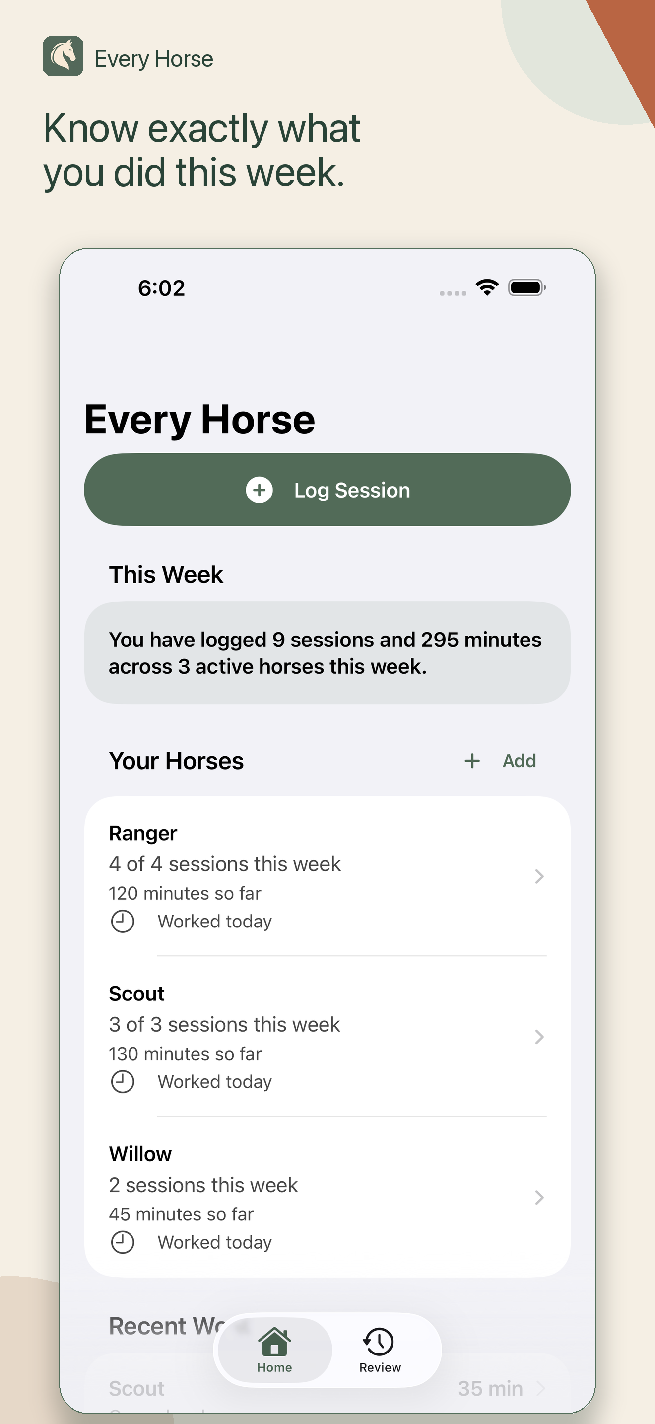 Every Horse app showing three horses and their completed sessions this week